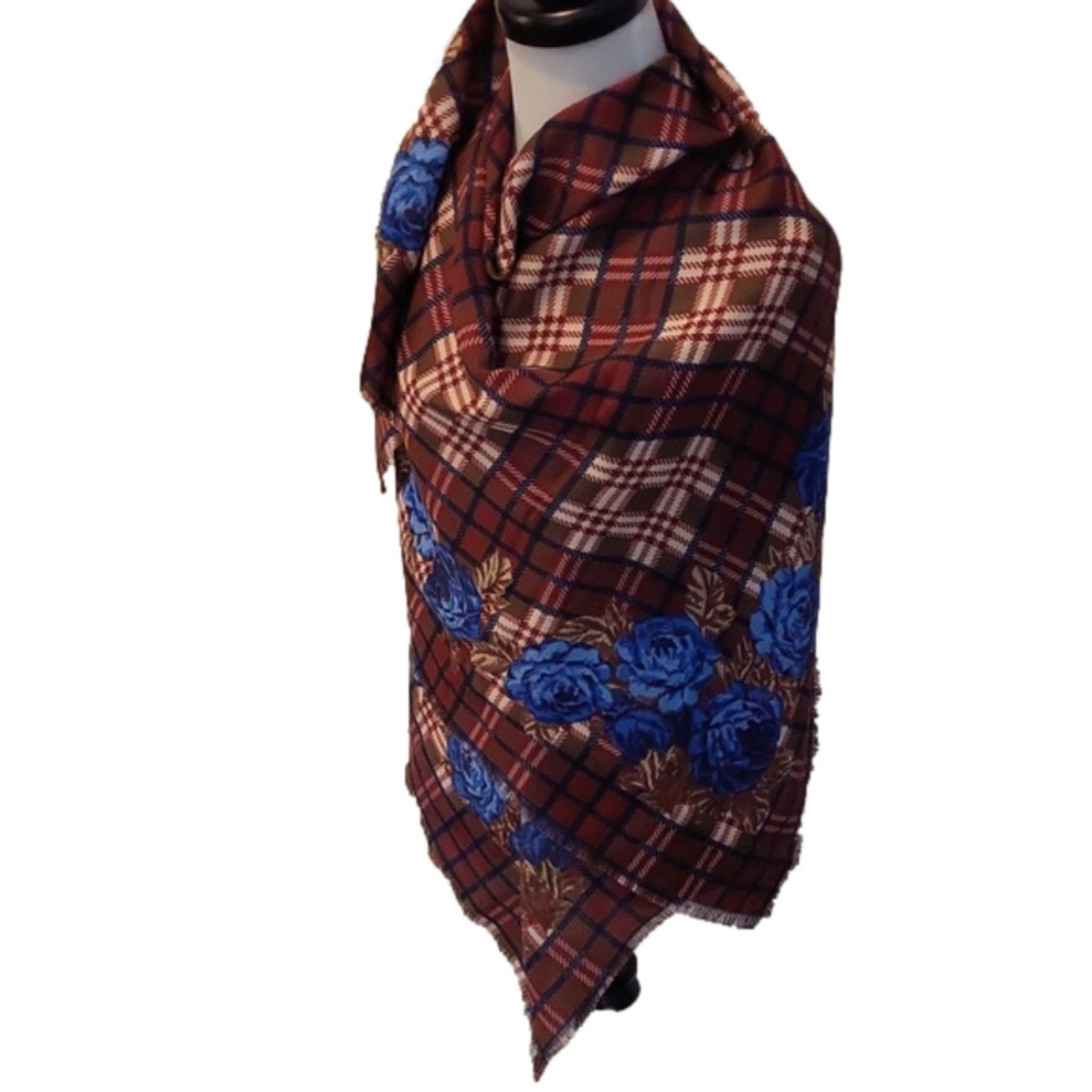 Vintage, JP collection scarf, 46x46, Plaid with blue flowers